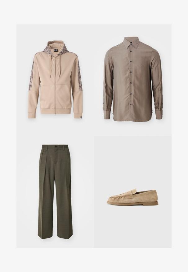 Beige színű zipzáras kapucnis pulóver, mintás kapucnival és ujjal. Elöl cipzárral, bordás mandzsettákkal és logóval díszített hemnél.; Hosszú ujjú ing taupe színben, sima anyagból készült, gombos elülső résszel és sötét gombokkal, a mellkason pedig egy kis logó található.; Filippa K WIDE TROUSERS - Nadrágok - driftwood; Beige velúr mokaszinek gyűrött dizájnnal, lapos talppal és díszes pánttal a vamp körül. Simább textúra.