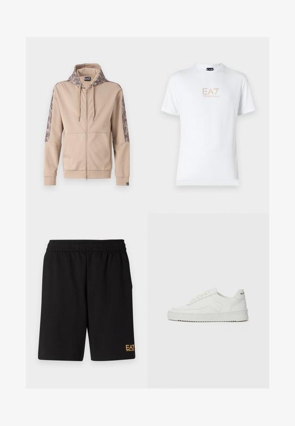 Beige zip-up hoodie with a patterned hood and sleeves. Features a front zipper, ribbed cuffs, and logo detailing on the hem.; White cotton t-shirt featuring a round neckline and short sleeves, with a gold EA7 Emporio Armani logo printed on the front.; Black athletic shorts made of soft fabric,Featuring an elastic waistband and a small yellow EA7 logo on the lower left leg.; White leather sneaker with a smooth finish, round toe, flat laces, and a textured sole. Features a subtle logo on the heel.