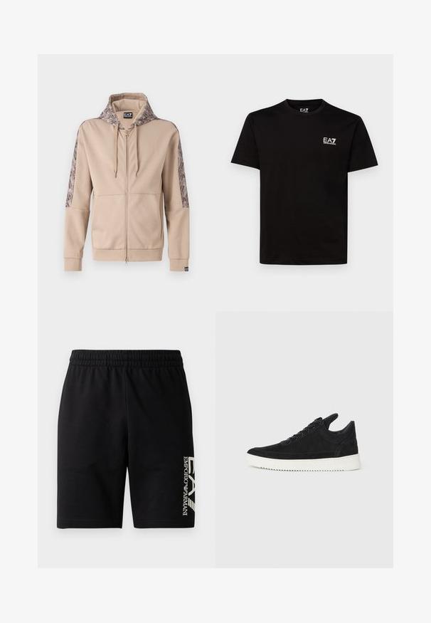 Bež jakna na zatvarač s kapuljačom i rukavima s uzorkom. Ima prednji patentni zatvarač, rebraste manšete i detalje s logom na rubu.; Crna pamučna majica s okruglim izrezom, kratkim rukavima i malim bijelim EA7 logotipom na lijevoj strani prsiju. Glatka tekstura i regularni kroj.; EA7 Emporio Armani TRAIN VISIBILITY - Kratke hlače - black/cream; Crne nubuk tenisice s bijelim gumenim potplatom, s toniranim šavovima i dizajnom vezanja. Glatka tekstura s modernim, strujnim oblikom.