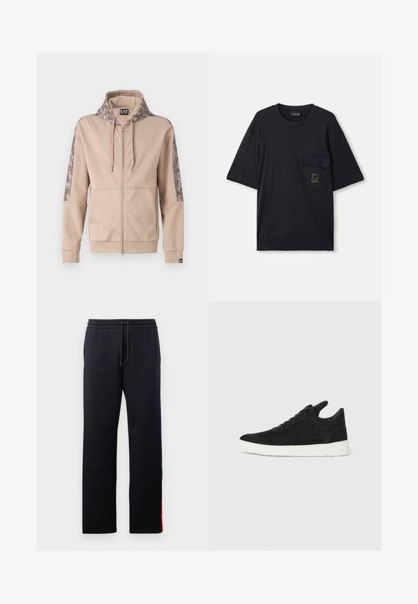 Bežs kapuces džemperis ar rakstainu kapuci un piedurknēm. Iekļauj priekšējo rāvējslēdzēju, riboti rokas un logo detaļas apakšmalā.; Melnas īsām piedurknēm kreklu ar apaļu kakla izgriezumu un kabatu uz kreisā krūšu, kas ļauj redzēt nelielu taisnstūra formas logo plāksteri.; Melni treniņbikšu ar sašaurinātu kāju piegriezumu, virvju vidukli un sarkaniem akcentiem sānos. Mīksts, elastīgs audums ar gludu tekstūru.; Melna zamša apavi ar baltu gumijas zoli, ar tonālu izšuvumu un auklu dizainu. Gluda tekstūra ar mūsdienīgu, plūstošu formu.