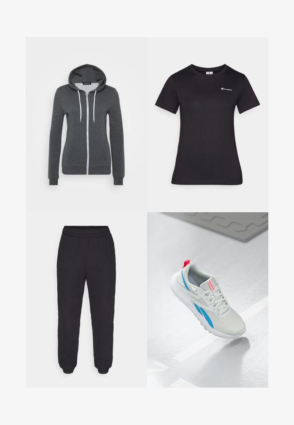 Sweatshirt cinza com fecho, feito de tecido suave, apresentando um capuz, cordões brancos e dois bolsos frontais. Punhos e bainha ajustados.; Camiseta preta de manga curta feita de algodão, com um pequeno logótipo bordado no peito. Design clássico de gola redonda com uma textura suave.; Calças atléticas pretas com cintura elástica, punhos das pernas afunilados, tecido liso e sem padrões ou detalhes metálicos visíveis.; Sapatilha Reebok branca e azul com um puxador vermelho flutuando acima de um chão brilhante, com um tapete de borracha cinza próximo.