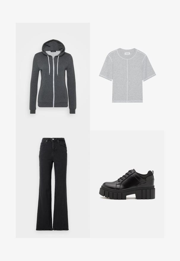 Sudadera gris con cremallera hecha de tela suave, con capucha, cordones blancos y dos bolsillos frontales. Puños y dobladillo ajustados.; Camiseta de algodón gris de manga corta, con cuello redondo y costuras y dobladillos en blanco contrastante. Diseño simple y sin adornos.; Jeans de mezclilla negros de cintura alta con pierna acampanada, botón frontal y diseño de cinco bolsillos sobre un fondo blanco liso.; Zapatos de plataforma de cuero negro con un tacón cuadrado grueso, punta redonda y diseño tradicional de cordones. Presenta una textura suave y un detalle minimalista.