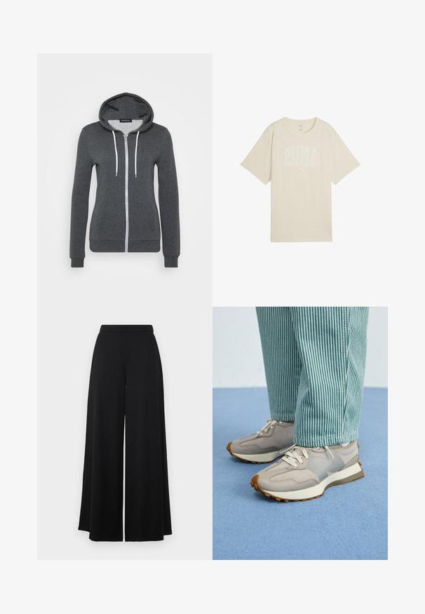 Pilkos spalvos zip-up džemperis, pagamintas iš minkštos medžiagos, turintis gobtuvą, baltus raiščius ir dvi priekines kišenes. Tinkamos apykaklės ir juosmens.; Šviesiai ruda medvilninė marškinėliai su laisvu siluetu, kuriuose yra balta grafika su užrašu „PUMA sporto klubas“ ir mažas logotipas viršuje.; Juodos plačios kelnės su lygia juosmens juosta. Pagamintos iš lygaus, lengvo audinio, turinčios sraigiavimo siluetą. Be kišenių ar papuošimų.; Pilkos sportinės bateliai su zomšos ir tinklinėmis plokštelėmis, baltomis raištelėmis ir tekstūruotu padu. Dėvimi su mėlynos spalvos dryžuotomis kelnėmis. Mėlynas tekstūruotas fonas.