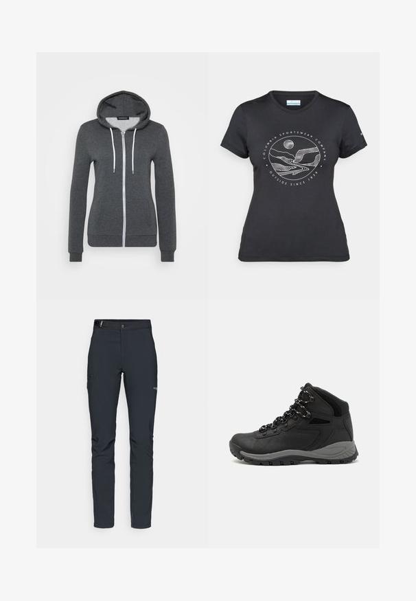 Sudadera gris con cremallera hecha de tela suave, con capucha, cordones blancos y dos bolsillos frontales. Puños y dobladillo ajustados.; Camiseta negra de Columbia con un arte lineal circular de montaña y río en blanco y el texto "Columbia Sportswear Company Fuera desde 1938."; Pantalones de exterior para hombre, gris oscuro, fabricados con material flexible, con cinturón, bolsillos con cremallera y costuras reforzadas.; Bota de senderismo negra con un diseño de medio caña, que cuenta con una parte superior texturizada, acentos grises y una suela de goma duradera con tacos de tracción.