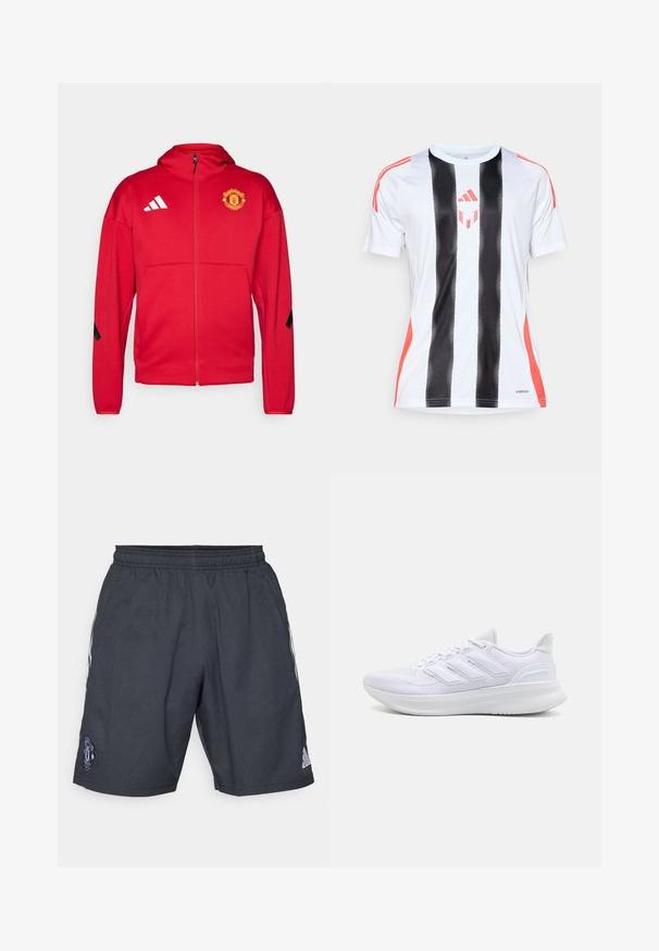 Giacca rossa con zip realizzata in materiale morbido. Presenta un cappuccio, il logo del Manchester United sul petto e strisce bianche Adidas sulle spalle.; Maglia sportiva bianca con strisce verticali nere e dettagli rossi sulle spalle. Presenta la tecnologia AeroReady per la gestione dell'umidità.; Pantaloni sportivi neri realizzati in materiale traspirante, dotati di una vita elastica, strisce bianche sui lati e logo del Manchester United.; Scarpe sportive bianche con tomaia in mesh texturato, suola ammortizzata e supportiva, e design a tre strisce sul lato.