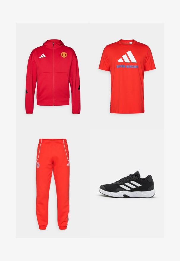 Czerwona kurtka na zamek z miękkiego materiału. Posiada kaptur, logo Manchester United na piersi oraz białe paski Adidas na ramionach.; Czerwona bawełniana koszulka z okrągłym dekoltem, z białym logo w trzy paski oraz napisem "BAYERN MÜNCHEN" w kolorze niebieskim. Krótkie rękawy, prosty design.; Czerwone spodnie dresowe z elastycznym pasem, białymi paskami po bokach oraz detalami logo na biodrze i dolnej części nogawki. Wykonane z miękkiego materiału z prążkowanymi mankietami.; Czarne buty sportowe z teksturowaną siateczką u góry, białymi paskami akcentującymi, amortyzującą podeszwą i wzmocnionym piętą dla wsparcia.