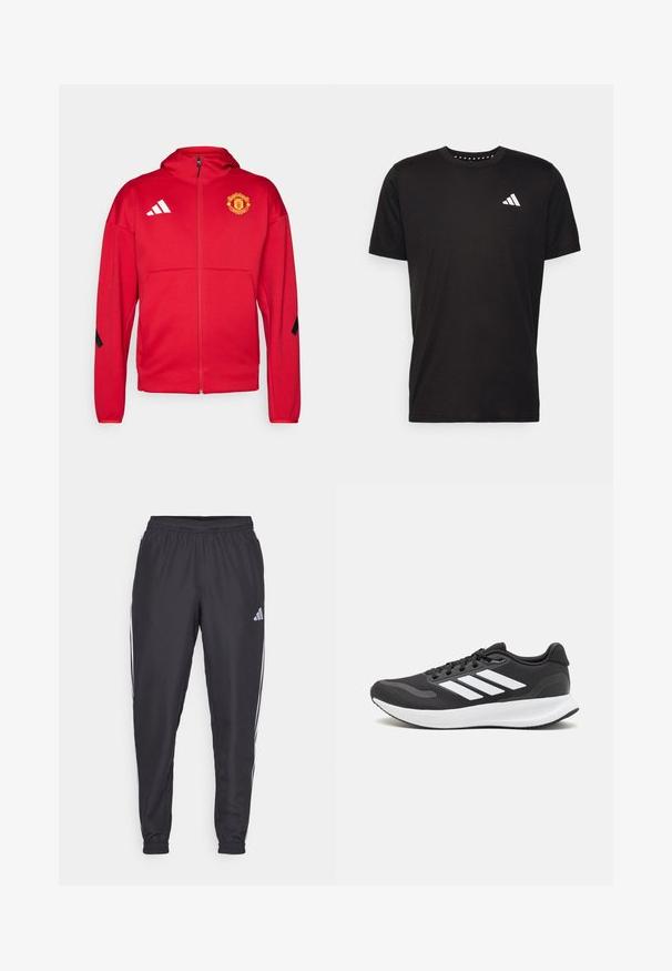 Veste zippée rouge en matériau doux. Dotée d'une capuche, de logo Manchester United sur la poitrine et de bandes blanches Adidas sur les épaules.; T-shirt en coton noir à manches courtes, décolleté rond et logo blanc sur la poitrine gauche. Texture lisse et design simple.; Pantalons de sport noirs avec une taille élastique, présentant des rayures blanches sur les côtés et un petit logo sur la hanche. Texture lisse.; Baskets de sport noires avec tige en mesh respirant, accents blancs et semelle rembourrée. Présente le logo à trois bandes sur le côté.