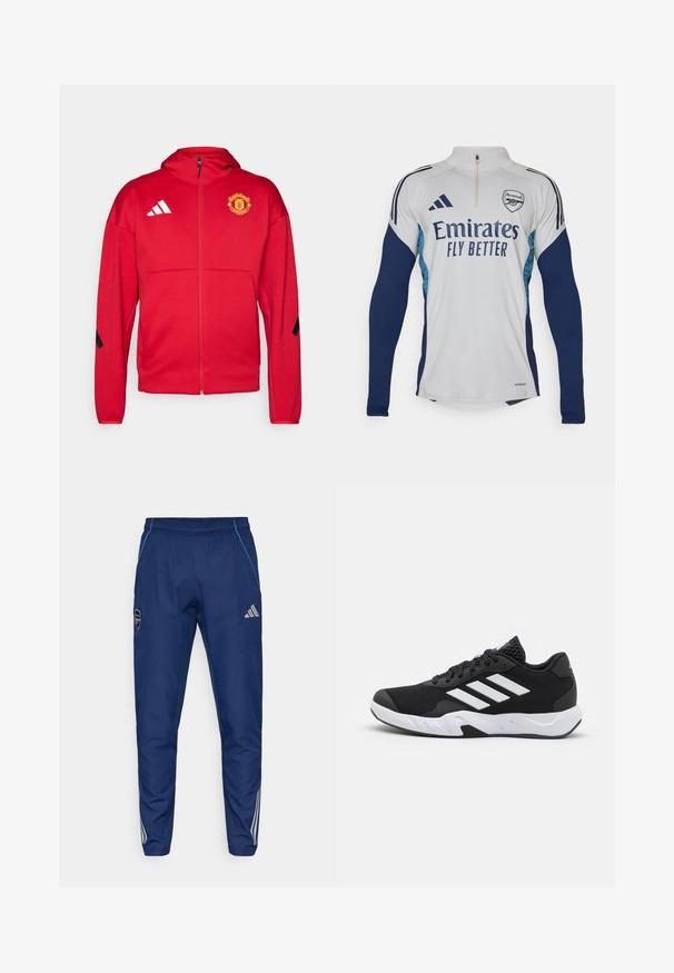 Rød zip-up jakke laget av mykt materiale. Har hette, Manchester United-logo på brystet, og hvite Adidas-striper på skuldrene.; Hvit langermet jersey med marineblå detaljer, halv-glidelås på halsen, med "Emirates Fly Better" logo og Arsenal klubbmerke.; Marine joggebukser laget av lett stoff, med blå aksent, logo-lapp og tre hvite striper langs underbena.; Sorte joggesko med teksturert mesh-overdel, hvite aksentstriper, en polstret såle og en forsterket hæl for støtte.