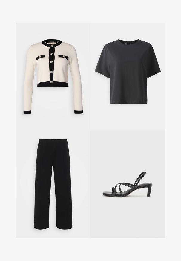Cardigan scurt în crem și negru, având mâneci lungi, accente negre, două buzunare pe piept și butoane decorative argintii.; Tricou negru din bumbac, mâneci scurte, guler rotund, croială lejeră, textură netedă, design simplu, fără modele sau accente.; Pantaloni negri cu picior larg, având un baret elastic. Confecționați dintr-un material texturat, cu un croi lejer și linie dreaptă de la șolduri până la tiv.; Sandal cu barete negre, cu vârf pătrat și toc mic de bloc. Prezintă mai multe barete subțiri și o bareta ajustabilă la gleznă. Fabricat din piele netedă.