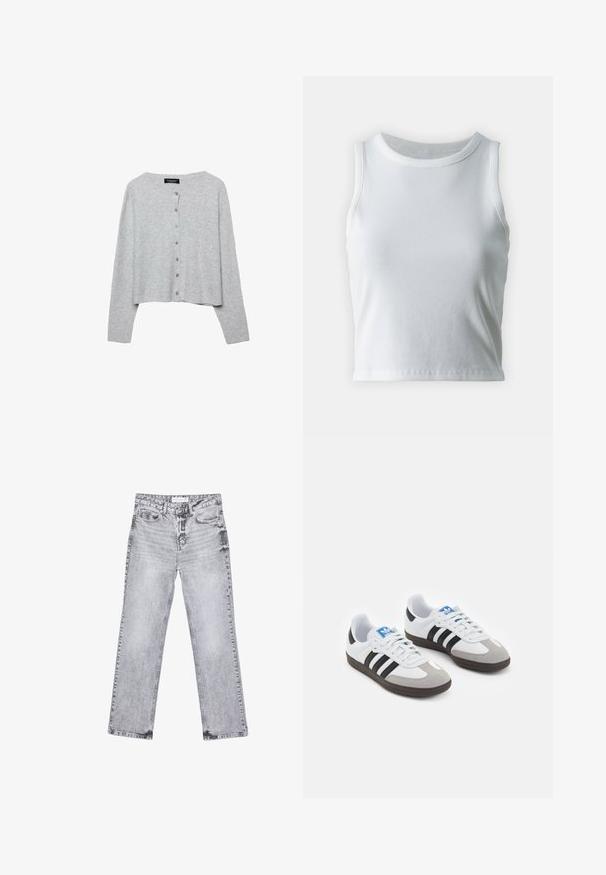 Hellgraue, kurz geschnittene Strickjacke aus geripptem Material, mit einem runden Halsausschnitt und sechs passenden Knöpfen auf der Vorderseite.; Weißes, geripptes Tanktop mit runder Ausschnittform und ärmellosem Design, ausgestattet mit einem geraden Saum und einer glatten, dehnbaren Textur.; Graue Jeans aus Denim mit geradem Bein, mit Used-Effekten, fünf Taschen und kupferfarbenen Nieten. Der Bund verfügt über ein Logoshirt.; Sportschuhe mit einem Obermaterial aus weißem Leder, grauer Wildleder-Zehenkappe und drei schwarzen Streifen. Sie verfügen über ein blaues Logo auf der Zunge und eine strukturierte Gummisohle.
