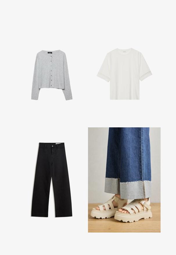 Svetlo sivi skrajšani kardigan iz rebraste pletenine, s krožno ovratnikom in šestimi usklajenimi gumbi spredaj.; Bela kratka majica s kratkimi rokavi iz bombaža, okrašena z dekorativnim čipkastim robom ob rokavih in okroglo izrezom.; Črne široke denim hlače z visokim pasom, ki imajo sprednje in zadnje žepe, šivane šive ter gumbasto zapiranje. Gladka tekstura.; Bež platformske sandale s debelimi podplati imajo trakove in nastavljive gležnjske trakove. Ustrezajo širokim jeans hlačam, pri katerih je eden robov razfrčan.
