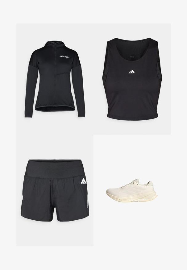 Black Terrex hoodie featuring a full zip, long sleeves, and a small chest pocket; made from lightweight, smooth fabric with a fitted design.; Black sports crop top made from moisture-wicking fabric, featuring a round neck, sleeveless design, and white logo on the chest.; Black athletic shorts featuring a wide elastic waistband, lightweight fabric, and white logo accents on the lower side.; Light beige athletic shoe with a mesh upper, flat laces, and a cushioned sole. Features three stripes design on the lateral side.