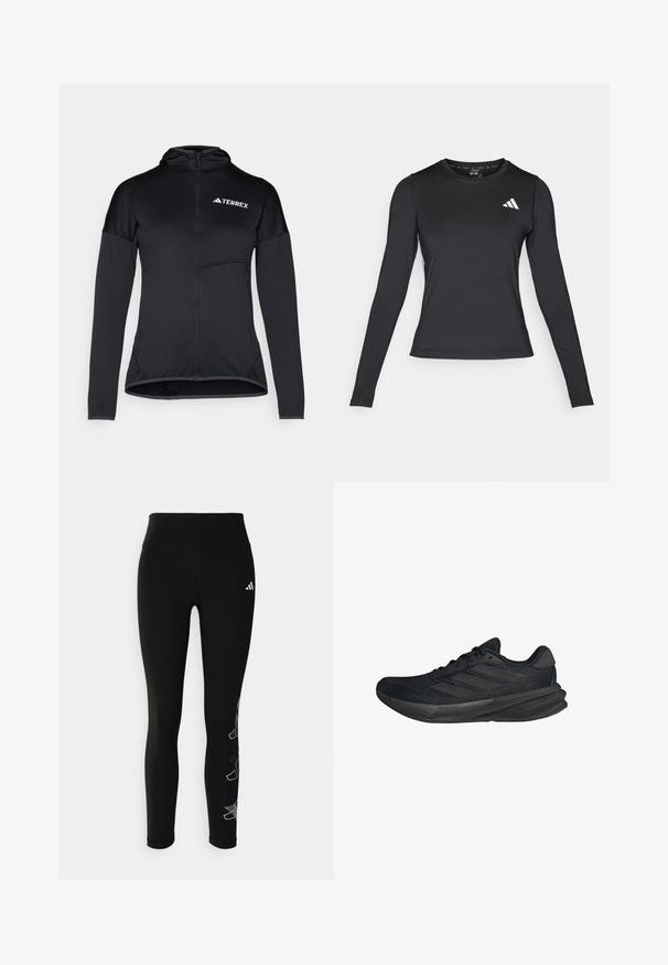 Černá mikina Terrex se zipem po celé délce, dlouhými rukávy a malou kapsou na hrudi; vyrobena z lehkého, hladkého materiálu s přiléhavým designem.; Černé atletické tričko s dlouhým rukávem vyrobené z hladkého, elastického materiálu. Obsahuje bílé logo na hrudi. Přiléhavý střih s kulatým výstřihem.; Černé legíny vyrobené z elastického materiálu, s vysokým pasem a reflexní logem na bocích, s geometrickým akcentem na nohách.; Černé sportovní boty s síťovaným svrškem, aerodynamickým tvarem, plochou podrážkou a třemi šikmými pruhy na boku. Lehký design pro pohodlí.
