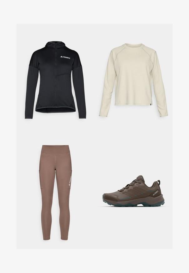 Black Terrex hoodie featuring a full zip, long sleeves, and a small chest pocket; made from lightweight, smooth fabric with a fitted design.; Light beige long-sleeve top with a textured, ribbed design. Features raglan sleeves and a rounded neckline. Subtle brand logo at the hem.; Brown athletic leggings with a high waistband, featuring side pockets and a white logo. Smooth, stretchy fabric for comfort and mobility.; Gray and teal hiking shoes with mesh panels, textured upper, and rugged rubber outsole. Features padded tongue and lace-up design.