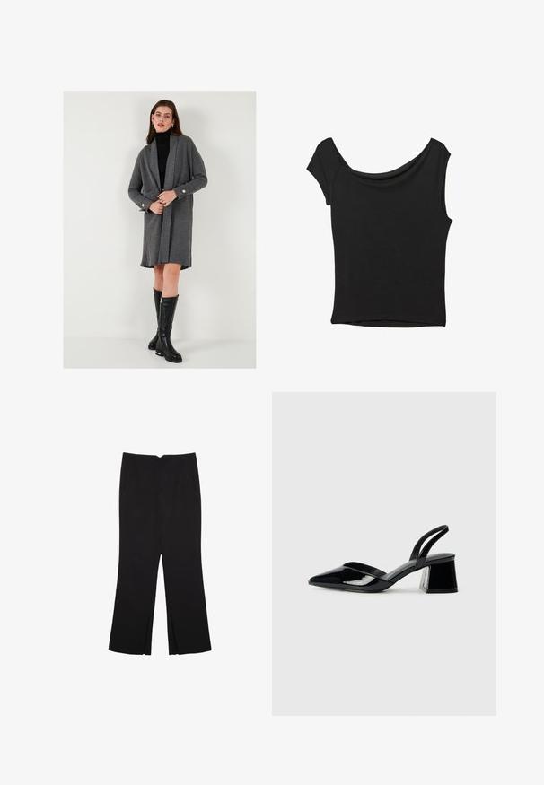 Grå ribbet cardigan med lange ærmer, åben front og detaljer med guldknapper. Sammen med en tætsiddende sort rullekrave og knæhøje sorte støvler.; Sort kortærmet top lavet af glat stof; har en draperet halsudskæring og en asymmetrisk kant, med en tætsiddende pasform.; Sorte bukser med lige pasform, der har frontlommer og slidser i kanten. Lavet af blødt, glat stof. Velegnet til forskellige anledninger.; Sorte patentlæder slingback hæle med spids tå og en geometrisk blok hæl. Har et elegant, minimalistisk design og en glat tekstur.