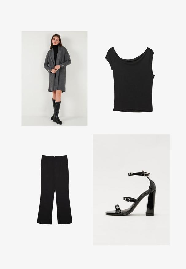 Sivý rebrovaný kardigán s dlhými rukávmi, otvoreným predným dielom a zlatými gombíkmi. Skombinovaný s úzkym čiernym rolákom a čiernymi čižmami nad kolená.; Čierny krátky rukáv top vyrobený z hladkej tkaniny; má prehnutý výstrih a asymetrický lem, s priliehavým telom.; Čierne nohavice so strihom rovného strihu, s prednými vreckami a bočnými rozparkami na leme. Vyrobené z mäkkej, hladkej tkaniny. Vhodné na rôzne príležitosti.; Čierne lakované sandále na podpätku so štvorcovou špičkou, navlečenými remienkami okolo členku a striebornými prackami. Disponujú masívnym blokovým podpätkom pre stabilitu.