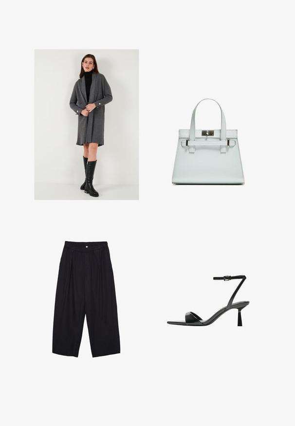 Graue gerippte Strickjacke mit langen Ärmeln, offener Vorderseite und goldenen Knopfdetails. Kombiniert mit einem schmalen schwarzen Rollkragenpullover und kniehohen schwarzen Stiefeln.; Schwarzes kurzärmeliges T-Shirt aus weichem Stoff. Mit klassischem Rundhalsausschnitt und lockerer Passform. Keine Muster oder Akzente sichtbar.; Schwarze Polyester-Culotte mit einem elastischen Bund, zwei vorderen Falten und einer lockeren Silhouette. Keine sichtbaren Muster oder Hardware-Details.; Bershka High Heel Sandalette - black; Helle blaue Handtasche mit strukturiertem Design, zwei Griffen und einem Beschlag aus silberfarbenem Metall. Texturiertes Material und scharfe Ecken.