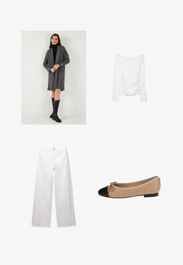 Grå ribbet cardigan med lange ærmer, åben front og detaljer med guldknapper. Sammen med en tætsiddende sort rullekrave og knæhøje sorte støvler.; Langærmet hvid bluse med en bred halsudskæring og gather-detalje på ryggen. Glat tekstur, tætsiddende design.; Hvide brede ben jeans lavet af denim. Har knaplukning, front- og baglommer samt syede sømme. Glat tekstur med minimal detaljering.; Ballet flade i beige læder med spids sort tå. Har en frontsløjfe detalje og en glat tekstur. Lav profil design med en gummisål.