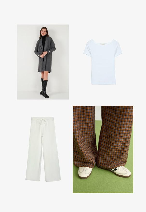 Grijze geribbelde cardigan met lange mouwen, open voorkant en gouden knoopdetails. Gecombineerd met een slanke zwarte coltrui en kniehoge zwarte laarzen.; Witte t-shirt van ribstof, met een ruime ronde halslijn en korte mouwen. Eenvoudig ontwerp zonder patronen of accenten.; Witte wijde broek van zacht materiaal. Heeft een elastische tailleband met een trekkoord en een gladde textuur. Geen zichtbare patronen of hardware.; Bruine en blauwe geruite wijde broek, gecombineerd met witte schoenen met zwarte accenten en een gestructureerde zool, gezet tegen een groene achtergrond.