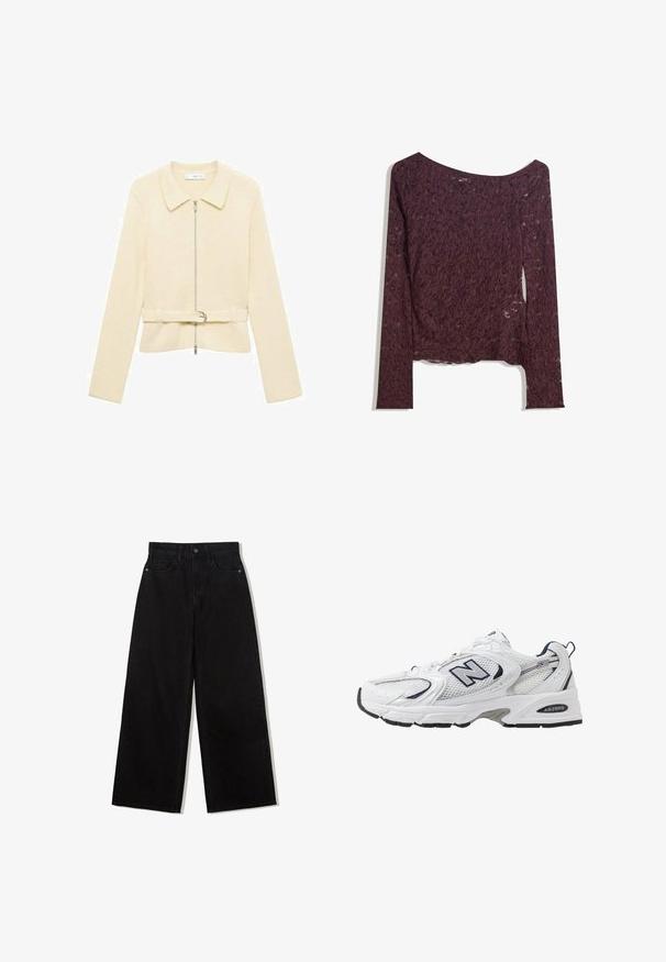 Beżowa dzianinowa kurtka z długimi rękawami, z zamek z przodu, kołnierzem i paskiem w talii. Posiada gładką teksturę i subtelny poziomy wzór.; Koronkowa bluzka z długim rękawem w głębokim burgundzie, z odkrytymi ramionami, kwiatowymi wzorami i lekko przezroczystą strukturą oraz prostym dołem.; Czarne, szerokie dżinsy z denimu z wysokim stanem, z pięcioma kieszeniami i pojedynczym zapięciem na guzik z przodu.; Białe sportowe buty z siateczkową cholewką, granatowymi akcentami i wyściełaną podeszwą. Posiadają logo "N", sznurówki oraz teksturowany detal po boku.