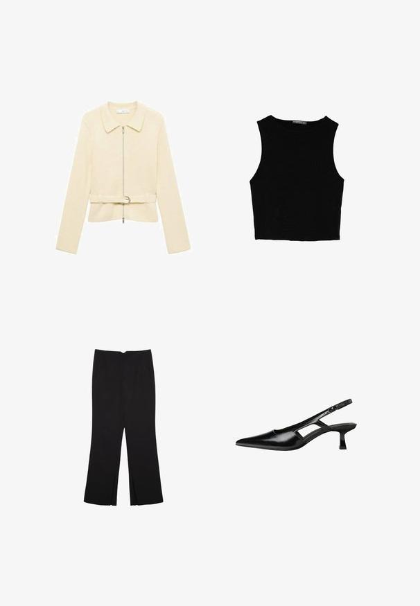 Bež pletena jakna z dolgimi rokavi, z zadrgo spredaj, ovratnikom in pasom. Ponuja gladko teksturo in subtilen vodoravni vzorec.; Črn brez rokavov crop top, izdelan iz gladkega materiala, z okroglim izrezom in čistim, preprostim dizajnom brez vzorcev ali dodatkov.; Črne hlače ravnega kroja z naglavnimi žepi in stranskimi razporki na robu. Narejene iz mehke, gladke tkanine. Primerne za različne priložnosti.; Črne patentični usnjeni salonarji s slingback designom, z zašiljenim nosom, izrezanim stranskim dizajnom in majhnim kvadratnim peto. Gladka tekstura z minimalnimi detajli.