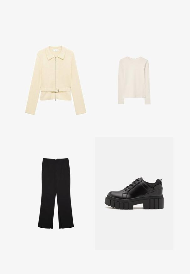 Bežani pleteni kaput s dugim rukavima, zatvaranjem na zip, kragnom i pojasom u struku. Karakterizira ga glatka tekstura i suptilan horizontalni uzorak.; Svijetlo bež majica dugih rukava napravljena od mekanog materijala, s okruglim izrezom i opuštenim krojem s ravnim rubom i minimalnim detaljima šivanja.; Crne hlače ravnog kroja, s prednjim džepovima i bočnim prorezima na rubu. Izrađene od mekog i glatkog materijala. Pogodne za razne prigode.; Crne kožne platforme s debelim blok-peta, okruglim prstima i klasičnim dizajnom vezanja. Imaju gladak tekstur i minimalne detalje.