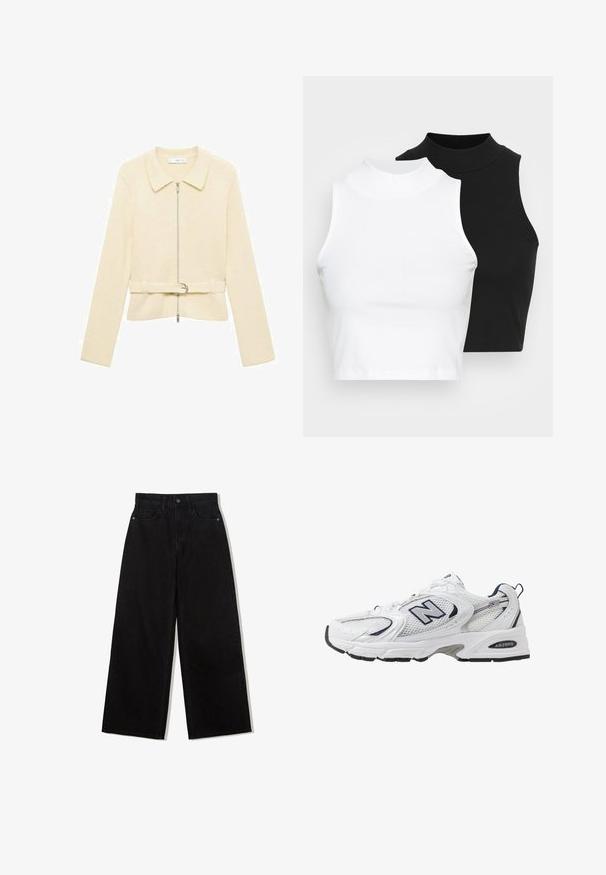 Jachetă tricotată bej cu mâneci lungi, fermoar frontal, guler și talie cu curea. Prezintă o textură netedă și un model orizontal subtil.; Două bluze fără mâneci, cu guler înalt, în culorile negru și alb, având un design ajustat și o textură netedă, cu o lungime scurtă.; Jeans negri, cu picioare largi, din denim, cu talie înaltă, având un design cu cinci buzunare și o închidere cu un singur nasture în față.; Shoe sportiv alb cu parte superioară din plasă, accente bleumarin și talpă amortizată. Are logo-ul "N", șireturi și detalii texturate pe lateral.