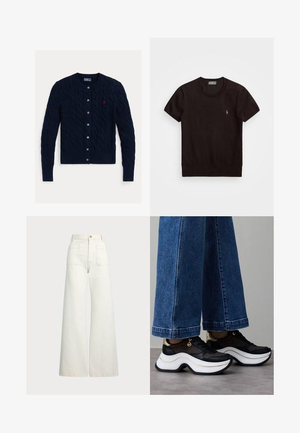 Mørkeblå kabelstrikket cardigan med rund hals, seks knapper og ribbestrikkede mansjetter og kant nederst. Har en liten rød logo på brystet.; Svart kortermet T-skjorte laget av mykt stoff, med rund hals og en liten brodert logo på venstre bryst.; Vidde bukser i off-white denim. Høyt liv-design med knappelukking, to frontlommer og kontrastsøm detaljer.; Svarte og gullfargede sneakers med buet hvit såle. Strukturert stoff med logodetaljer. Kombinert med vide blå denimbukser.