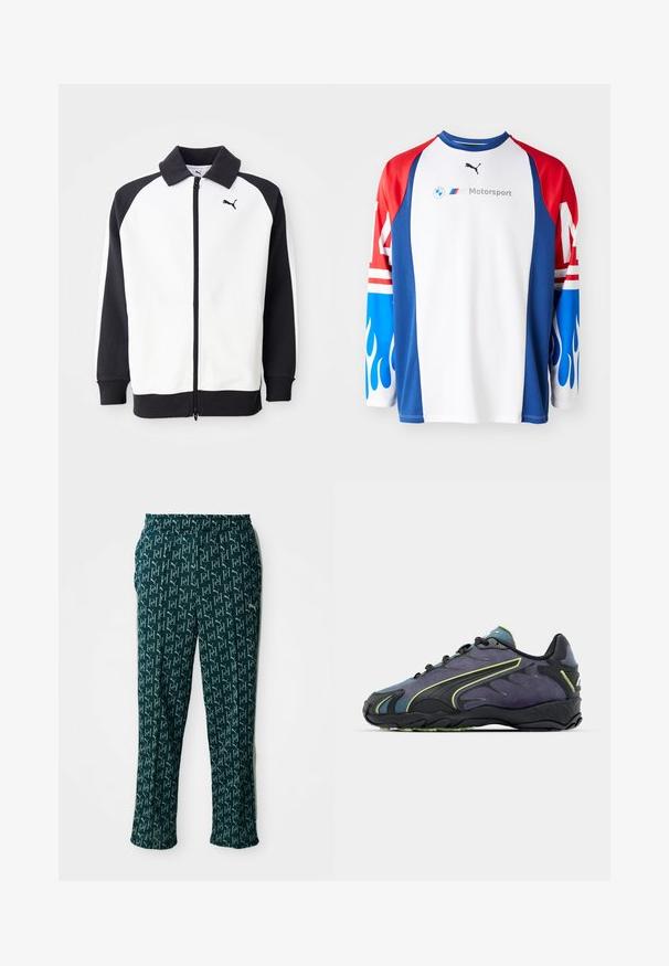 Puma træningsjakke med en hvid krop og sorte raglanærmer, lynlås-lukning og sort krave. Glat tekstur, logo-detalje på brystet.; Langærmet skjorte med hvid krop, røde og blå ærmer prydet med flammemønstre. Viser BMW og Puma-logoer tydeligt.; Grønne mønstrede bukser med et gentaget logo-design, med elastisk talje og lige snit, præsenteret mod en neutral baggrund.; Sorte og lilla sportssko med en tekstureret overdel, grønne accentlinjer og en gummisål med et bølget design. Snørebåndslukning.