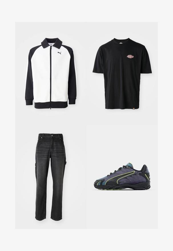 Puma træningsjakke med en hvid krop og sorte raglanærmer, lynlås-lukning og sort krave. Glat tekstur, logo-detalje på brystet.; Sort bomulds T-shirt med rund halsudskæring, korte ærmer og et lille rødt og hvidt Dickies-logo på brystet. Klassisk pasform.; Sorte denim cargo bukser med lige ben, der har sidelommer, en metalknaplukning og tonede syninger. Teksturstof.; Sorte og lilla sportssko med en tekstureret overdel, grønne accentlinjer og en gummisål med et bølget design. Snørebåndslukning.