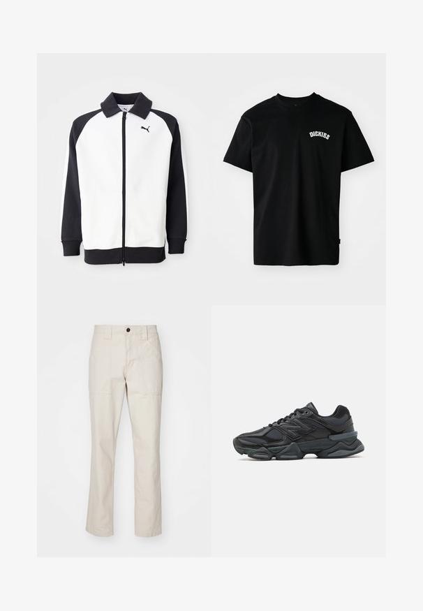 Puma Trainingsjacke mit weißem Oberteil und schwarzen Raglanärmeln, einem Reißverschluss und einem schwarzen Kragen. Glatte Textur, Logodetail auf der Brust.; Schwarzes Baumwoll-T-Shirt mit kurzen Ärmeln und Rundhalsausschnitt. Mit einem weißen, geschwungenen Logo "DICKIES" auf der Brust. Schlichtes Design, ohne Muster.; Beige Baumwollhosen mit geradem Bein, ausgestattet mit zwei Vorderaschen, einem einzigen Knopfverschluss und sichtbaren Steppnähten.; Schwarzer Laufschuh mit einer Mischung aus Mesh- und sinthetischen Materialien, dicke Sohle, geschwungenes Design und auffälliger Markenkennzeichnung an der Seite.
