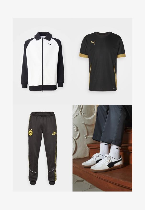 Puma træningsjakke med en hvid krop og sorte raglanærmer, lynlås-lukning og sort krave. Glat tekstur, logo-detalje på brystet.; Sort sports T-shirt med gyldne detaljer på ærmerne og siden. Den har rund hals, korte ærmer og svedtransporterende DRYCELL-stof.; Sorte træningsbukser med gule Borussia Dortmund BVB 09 og Puma King logoer, elastisk talje, og mønstrede gule side-striber.; Puma sneakers i hvid og sort ruskind med en brun gummisål. Bæres med hvide sokker med et sort logo og mørke bukser.