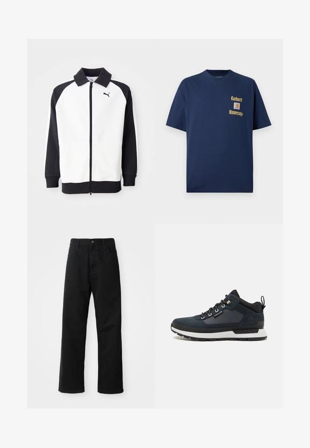 Chaqueta de chándal Puma con cuerpo blanco y mangas raglán negras, cierre de cremallera y cuello negro. Textura suave, detalle de logo en el pecho.; Camiseta de algodón azul marino de manga corta, con texto dorado "Carhartt University" y un parche de logo en el lado izquierdo del pecho.; Pantalones de mezclilla negros con corte recto, con bolsillos frontales, cremallera y un solo botón en la parte superior. Tejido texturizado con un acabado mate.; Zapato de senderismo azul marino con parte superior de ante y textil, media suela blanca, suela negra y ojales metálicos. Incluye una lengüeta trasera para facilitar el uso.