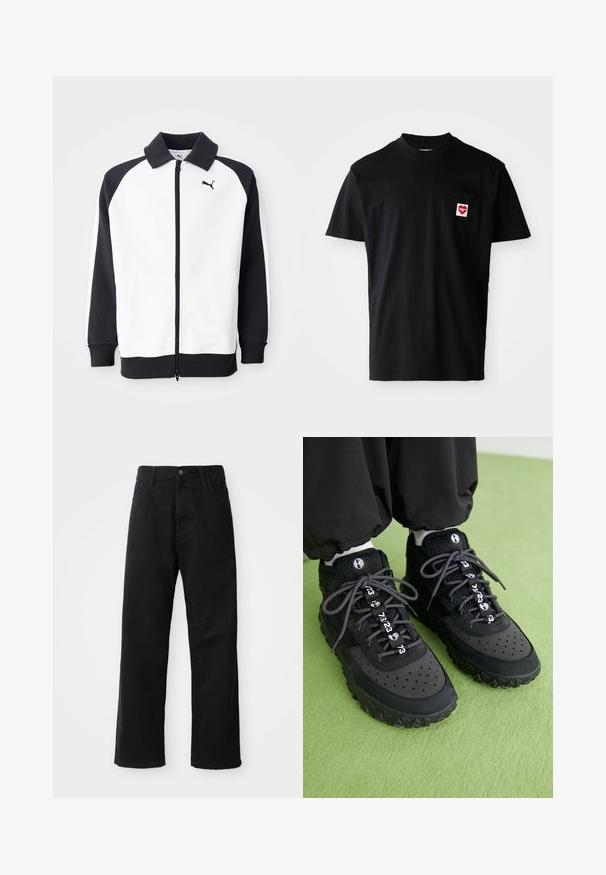 Puma træningsjakke med en hvid krop og sorte raglanærmer, lynlås-lukning og sort krave. Glat tekstur, logo-detalje på brystet.; Sort bomulds t-shirt med rund halsudskæring, korte ærmer og en venstre brystlomme med et rødt hjertepude og hvid tekst.; Sorte denimbukser med lige snit, der har frontlommer, lynlås og en enkelt knap i toppen. Struktureret stof med en mat finish.; Sorte sneakers har en blanding af læder og mesh-materialer, en tekstureret gummisål, fremtrædende perforeringer og mønstrede snørebånd med numeriske accenter.