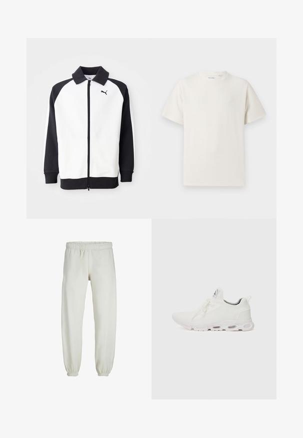 Chaqueta de chándal Puma con cuerpo blanco y mangas raglán negras, cierre de cremallera y cuello negro. Textura suave, detalle de logo en el pecho.; Camiseta blanca de manga corta en textura acanalada. Cuello redondo, corte relajado, sin patrones ni acentos visibles. Diseño simple y versátil.; Pantalones de chándal blancos hechos de una tela suave, con cinturilla y puños elásticos, que presentan una textura suave y un diseño holgado.; Zapatillas deportivas blancas con un upper de punto texturizado, cordones planos y una suela acolchada con cámaras de aire visibles para mayor soporte.