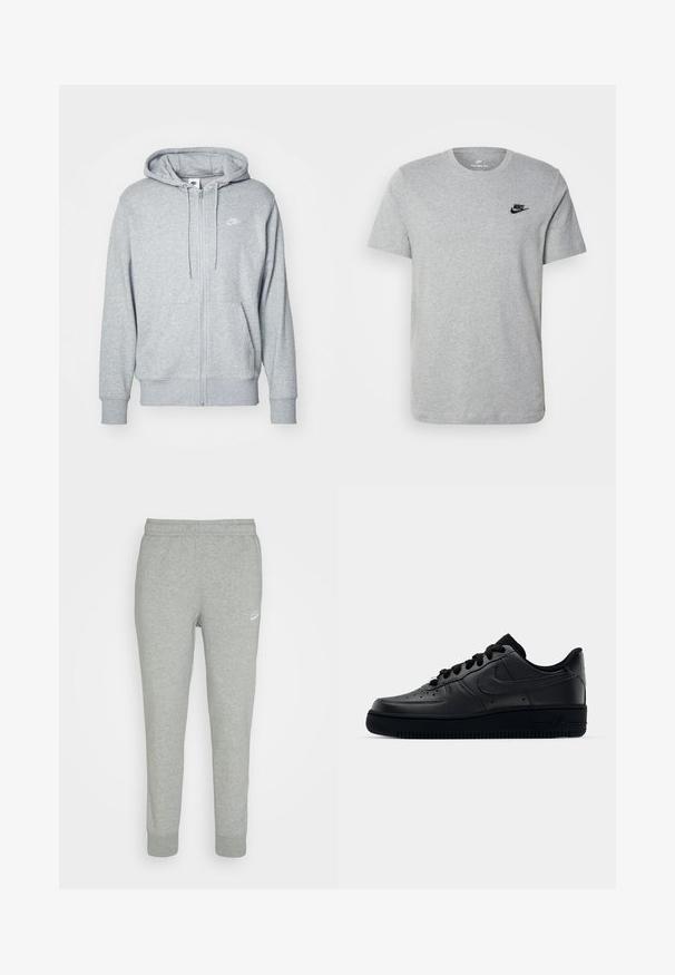 Γκρίζα ζακέτα με φερμουάρ φτιαγμένη από μαλακό ύφασμα, με καγκουρό τσέπη, κουκούλα με κορδόνι και ένα μικρό λευκό λογότυπο στο στήθος.; Γκρι κοντομάνικη μπλούζα φτιαγμένη από βαμβάκι, με μαύρο λογότυπο Nike στο στήθος και στρογγυλή λαιμόκοψη. Μινιμαλιστικός σχεδιασμός χωρίς μοτίβα.; Γκρί φόρμες από μαλακό ύφασμα, με σχέδιο που στενεύει προς τα κάτω, ελαστική μέση και μικρό λευκό λογότυπο Nike στο αριστερό μηρό.; Μαύρο παπούτσι Nike Air Force 1 με λείο δερμάτινο άνω μέρος, τρυπητή μύτη για αναπνοή, μαύρες κορδόνες και υφή ελαστικής σόλας.