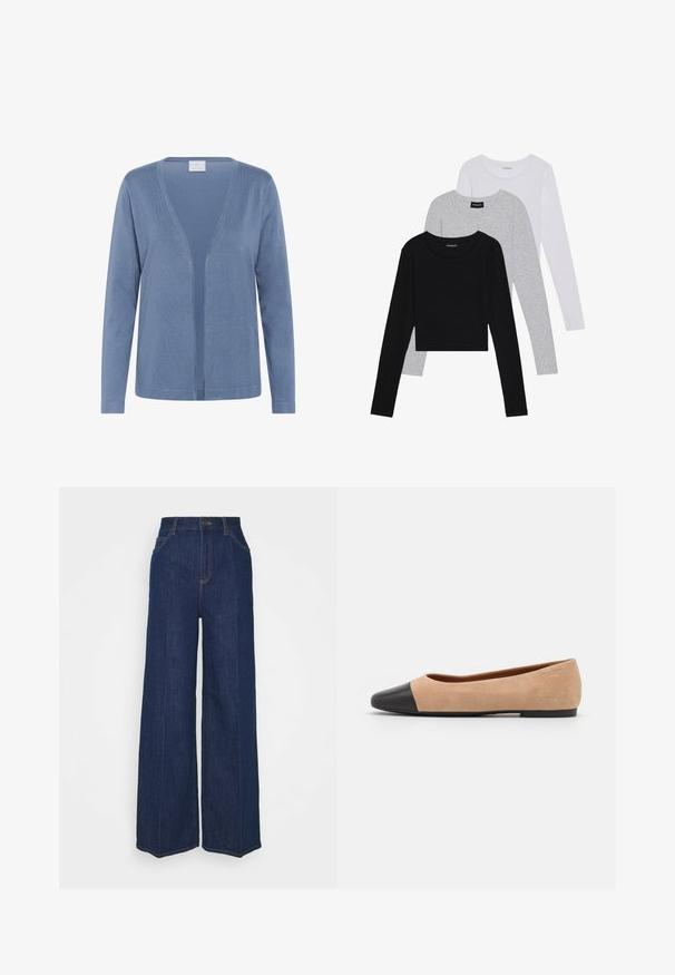 Lichtblauwe cardigan met een v-hals, lange mouwen en een open voorkant. Zachte textuur met subtiele stiksel-details.; Drie langmouwige tops gestapeld: zwart, grijs en wit. Elke top heeft een ronde halslijn en een cropped ontwerp van soepel, lichtgewicht materiaal.; Hoge taille wijdvallende donkerblauwe denim jeans met voor- en achterzakken, knoopsluiting en zichtbare stikseldetails.; Beige suède ballet flats met een zwarte leren ronde neuskap, lage hak en een gladde textuur, met minimale stiksels en een schone uitstraling.
