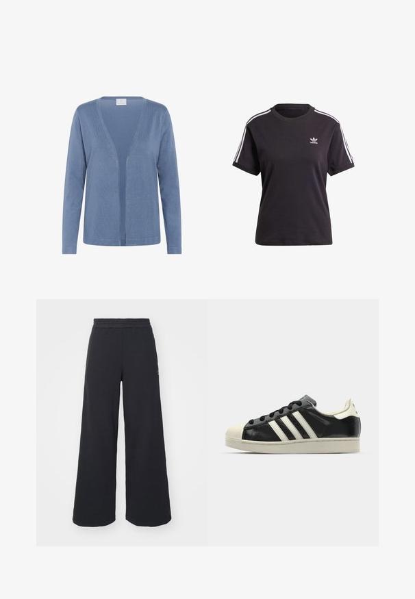 Lichtblauwe cardigan met een v-hals, lange mouwen en een open voorkant. Zachte textuur met subtiele stiksel-details.; Zwart katoenen t-shirt met korte mouwen en ronde hals, met witte strepen op de schouders en een klein wit Adidas-logo op de borst.; Zwarte wijde sweatpants gemaakt van zachte stof, met een elastische tailleband en een klein logo aan de linkerkant.; Zwarte leren sneaker met witte strepen, rubberen teenbescherming, zwarte veters en een crèmekleurige loopzool. Glad oppervlak met een glanzende afwerking.