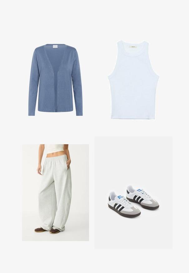 Hellblaues Cardigan mit V-Ausschnitt, langen Ärmeln und offenem Design. Weiche Textur mit dezentem Steppdetail.; Weißes Tanktop, gerippte Textur, runder Ausschnitt, ärmelloses Design, enganliegende Form, dezente Markenkennzeichnung im Etikett im Kragenbereich.; Hellgraue Sweatpants mit einem elastischen Bund, Seitentaschen und lockerem Schnitt. Hergestellt aus weichem, strukturiertem Stoff; verfügt über dezente Nähte.; Sportschuhe mit einem Obermaterial aus weißem Leder, grauer Wildleder-Zehenkappe und drei schwarzen Streifen. Sie verfügen über ein blaues Logo auf der Zunge und eine strukturierte Gummisohle.