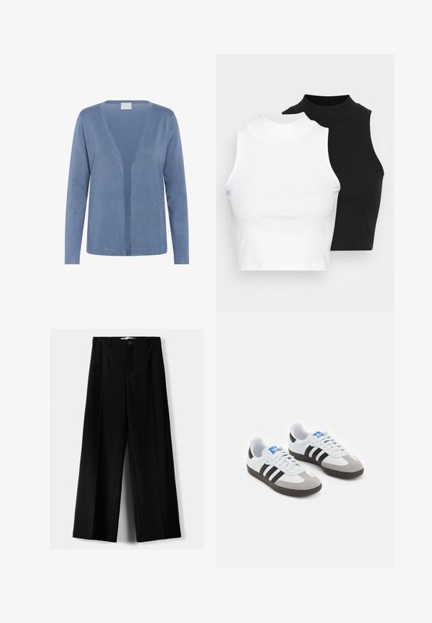 Lichtblauwe cardigan met een v-hals, lange mouwen en een open voorkant. Zachte textuur met subtiele stiksel-details.; Twee mouwloze ribgebreide coltruien in zwart en wit, met een slim fit ontwerp en een gladde textuur, met een cropped lengte.; Zwarte wijde broek van lichtgewicht stof, met een knoopsluiting aan de voorkant en een vlakke achterkant, afgewerkt met keurig gestikte zoom.; Sportschoenen met een witte leren bovenkant, grijze suède neus en drie zwarte strepen. Bevat een blauw logo op de tong en een gestructureerde rubberen zool.