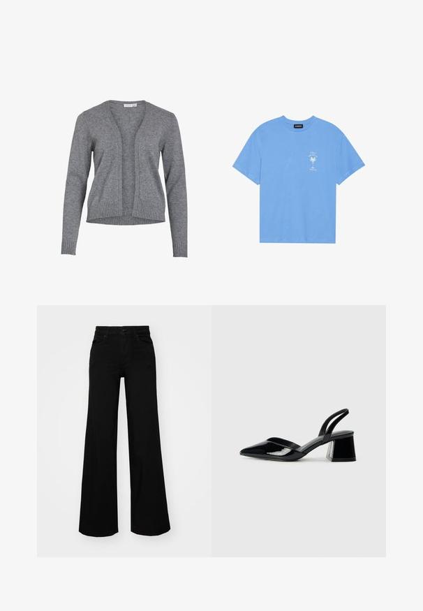 Grijze cardigan van zachte gebreide stof, met een v-hals, een open voorkant en geribbelde mouwen en zoom voor een ontspannen pasvorm.; Lichtblauwe katoenen T-shirt met een ronde hals. Heeft een witte graphic van een palmboom en tekst op de linkerkant van de borst. Korte mouwen.; Zwarte wijdvallende broek van denim, met een gestructureerde tailleband, riemlussen en voorzakken. Glad van textuur met een klassiek ontwerp.; Zwarte gepatineerde leren slingback hakken met een spitse neus en een geometrische blokhak. Kenmerkt zich door een slank, minimalistisch ontwerp en een gladde textuur.