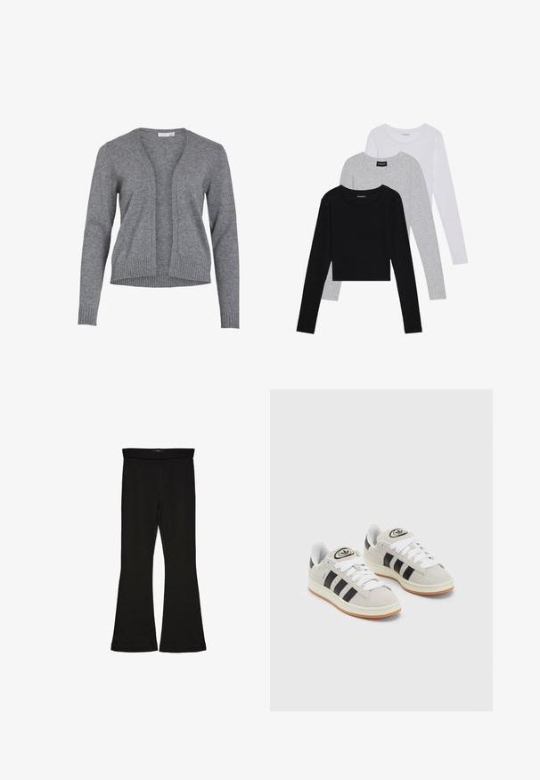 Grå cardigan laget av myk strikket stoff, med V-hals, åpen front og ribbestrikkede mansjetter og kant for en avslappet passform.; Tre lange ermer t-skjorter stablet: svart, grå og hvit. Hver har en rund hals og et kort design med glatt, lett stoff.; Sorte flared leggings laget av stretchy stoff. Har en bred midjebånd og en glatt tekstur, med en tettsittende silhuett som blir videre nedover.; Grå semsket sneakers med hvite lisser, svarte striper og en hvit gummisåle. Har en sirkulær logo på tungen og en gummisåle.