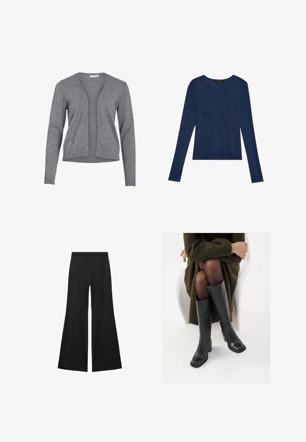Grijze cardigan van zachte gebreide stof, met een v-hals, een open voorkant en geribbelde mouwen en zoom voor een ontspannen pasvorm.; Marineblauwe longsleeve top van zachte stof, met een ronde halslijn en platte naden langs de mouwen, in een ontspannen pasvorm.; Zwarte wijde-pijpen broek met een gladde textuur, gekenmerkt door voorplooien en een op maat gemaakte uitstraling. De stof is lichtgewicht en vloeiend.; Knieschijf hoge zwarte leren laarzen met een vierkante neus en blokhak, getoond met een model dat zit in een olijfgroene jas. Gladde textuur, minimale details.