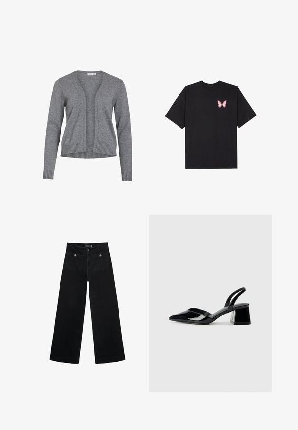 Grauer Cardigan aus weichem Strickstoff, mit V-Ausschnitt, offener Vorderseite und gerippten Bündchen und Saum für eine entspannte Passform.; Schwarzes Baumwoll-T-Shirt mit kurzen Ärmeln, das ein kleines pinkes Schmetterlingsmotiv auf der linken Brust zeigt. Crewneck-Design mit einem entspannten Schnitt.; Schwarze, weit geschnittene Jeans mit hoher Taille, die zwei Fronttaschen und metallene Knopfakzente aufweist. Der Stoff hat eine glatte Textur.; Schwarze Lackleder-Slingback-High Heels mit spitzem Schuh und einem geometrischen Blockabsatz. Verfügt über ein schlankes, minimalistisches Design und eine glatte Textur.