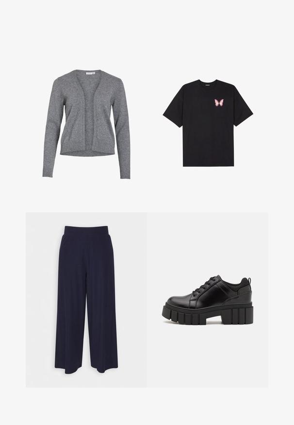 Pelēks džemperis, kas izgatavots no mīksta adījuma, ar V veida kaklu, atvērtu priekšpusi un ribotām piedurknēm un apakšmalu, nodrošinot brīvu piegriezumu.; Melna kokvilnas T-krekls ar īsām piedurknēm, kuram priekšā kreisajā pusē ir neliels rozā tauriņa grafiskais attēls. Ar apaļu kaklu un brīvā stila piegriezumu.; Platas kājas bikses tumši zilā audumā ar svītrainu tekstūru. Aprīkotas ar gludu jostasvietu un plūstošu siluetu, sasniedzot vidus teļus.; Melnas ādas platformas kurpes ar masīvu bloku papēdi, apaļu purngalu un tradicionālu saistīšanas dizainu. Izceļas ar gludu tekstūru un minimālu apdari.