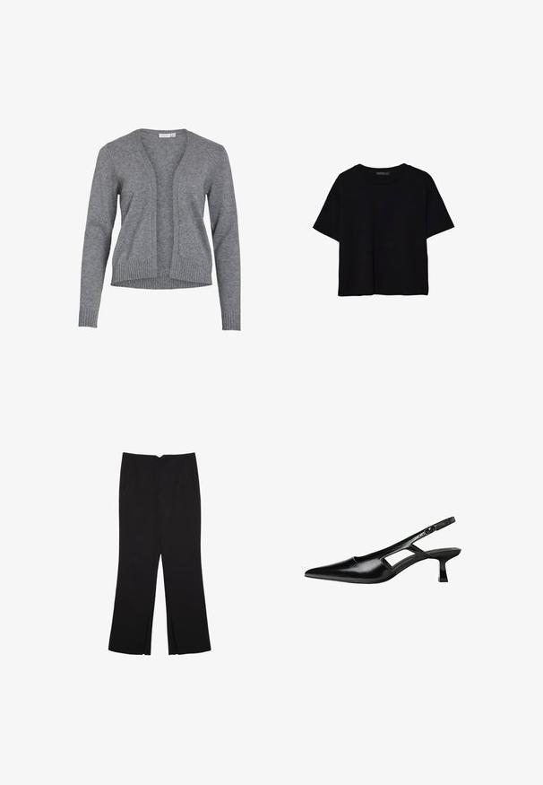 Grijze cardigan van zachte gebreide stof, met een v-hals, een open voorkant en geribbelde mouwen en zoom voor een ontspannen pasvorm.; Stradivarius REGULAR FIT - T-shirt basic - black; Zwarte broek met een rechte pasvorm, voorzien van zijzakken en plooien aan de onderzijde. Gemaakt van zachte, gladde stof. Geschikt voor verschillende gelegenheden.; Zwarte gepatineerde leren slingback hakken met een puntige neus, uitsparing aan de zijkant en een kleine vierkante hak. Gladde textuur met minimale accenten.