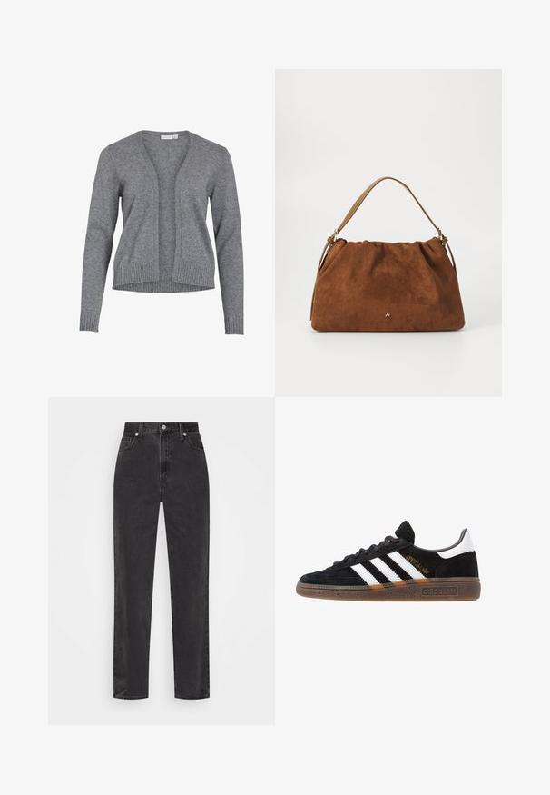 Gray cardigan made of soft knit fabric, featuring a v-neckline, open front, and ribbed cuffs and hem for a relaxed fit.; Brown long-sleeve t-shirt featuring a leopard print pattern, round neckline, and slight stretch. Small logo patch on the front.; Straight-leg black denim jeans with high waist, front button and zipper, and five-pocket styling on a white background.; Black Adidas sneaker with white stripes, gold "Spezial" text, gum sole, and white heel tab, shown in profile view.; Brown suede handbag with a gathered design, featuring a single tan leather strap and a subtle gold logo detail on the front.