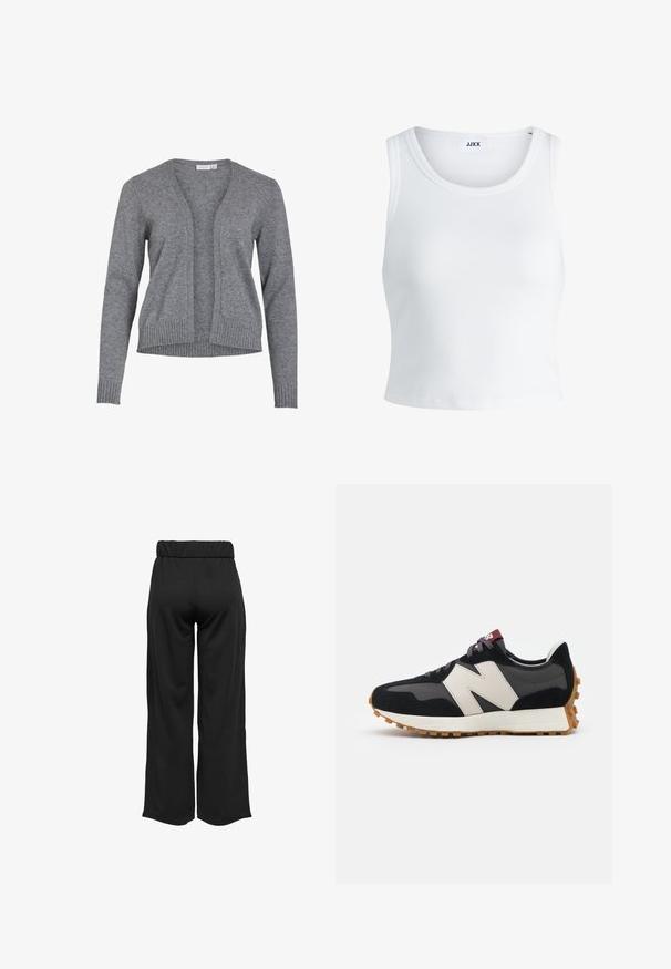 Gray cardigan made of soft knit fabric, featuring a v-neckline, open front, and ribbed cuffs and hem for a relaxed fit.; White ribbed tank top featuring a round neckline, sleeveless design, and a cropped length. Label reads "JJXX." Smooth fabric texture.; Black, wide-leg pants with an elastic waistband, made from smooth fabric. Features a clean design with no pockets or visible stitching details.; Black and gray suede sneaker with a large cream-colored "N" logo, purple laces, and a textured gum rubber outsole.