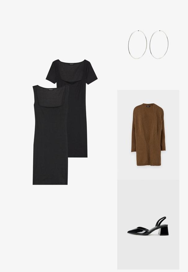 Hnedý pletený cardigan s otvoreným predným dielom, dlhými rukávmi a textúrovaným vzorom. Mäkký materiál a uvoľnený strih. Bez zapínania a ozdôb.; Čierna bodycon šaty so štvorcovým výstrihom, krátkymi rukávmi a rebrovanou textúrou. Dve varianty: svetlo čierna a hlbšia čierna.; Čierne lakované kožené sandálové podpätky s špicatou špičkou a geometrickým blokovým podpätkom. Disponujú elegantným, minimalistickým dizajnom a hladkým povrchom.; Strieborné kruhové náušnice s hladkým, okrúhlym dizajnom a lesklým povrchom. Sú tenké a ľahké, s jednoduchým uzáverom.