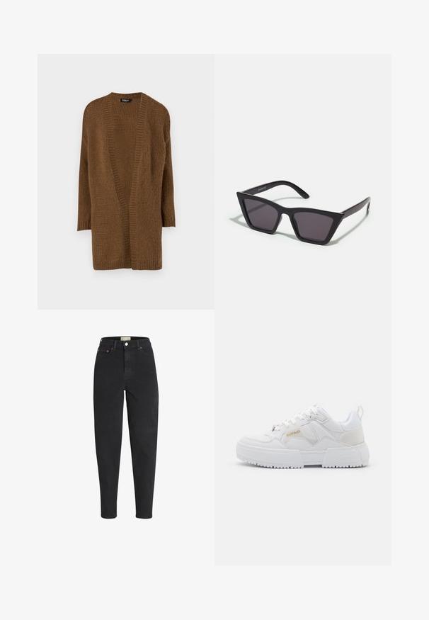 Hnedý pletený cardigan s otvoreným predným dielom, dlhými rukávmi a textúrovaným vzorom. Mäkký materiál a uvoľnený strih. Bez zapínania a ozdôb.; Biely bavlnený top bez rukávov s okrúhlym výstrihom a priliehavým strihom. Hladká textúra, jednoduchý dizajn a minimálne švy.; Čierne džínsy s vysokým pásom vyrobené z denimu, s gombíkovým zapínaním, piatimi vreckami a jemnými detailmi šitia. Úzky strih s zúženými nohavicami.; Biele tenisky s robustným dizajnom, vyrobené z kože a syntetických materiálov, s textúrovanými detailmi, šnúrkami a výrazným zlatým logom.; Čierne, ostré slnečné okuliare so sivými sklami; vyrobené z plastu, majú hrubé ramená s hladkým povrchom a bez viditeľnej mechaniky.; Čierna kabelka typu hobo z hladkého materiálu podobného kože s prekrútenou rukoväťou, s jemným, zaobleným tvarom a vrchným zipsom.; Zlaté kruhové náušnice s hladkým, lesklým povrchom. Cirkulárny dizajn s malým steblom a jasným záznamom pre bezpečné nosenie.